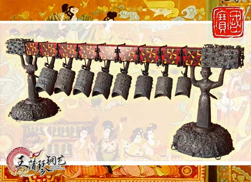 8件古編鐘，銅人銅座裝飾，可發(fā)音